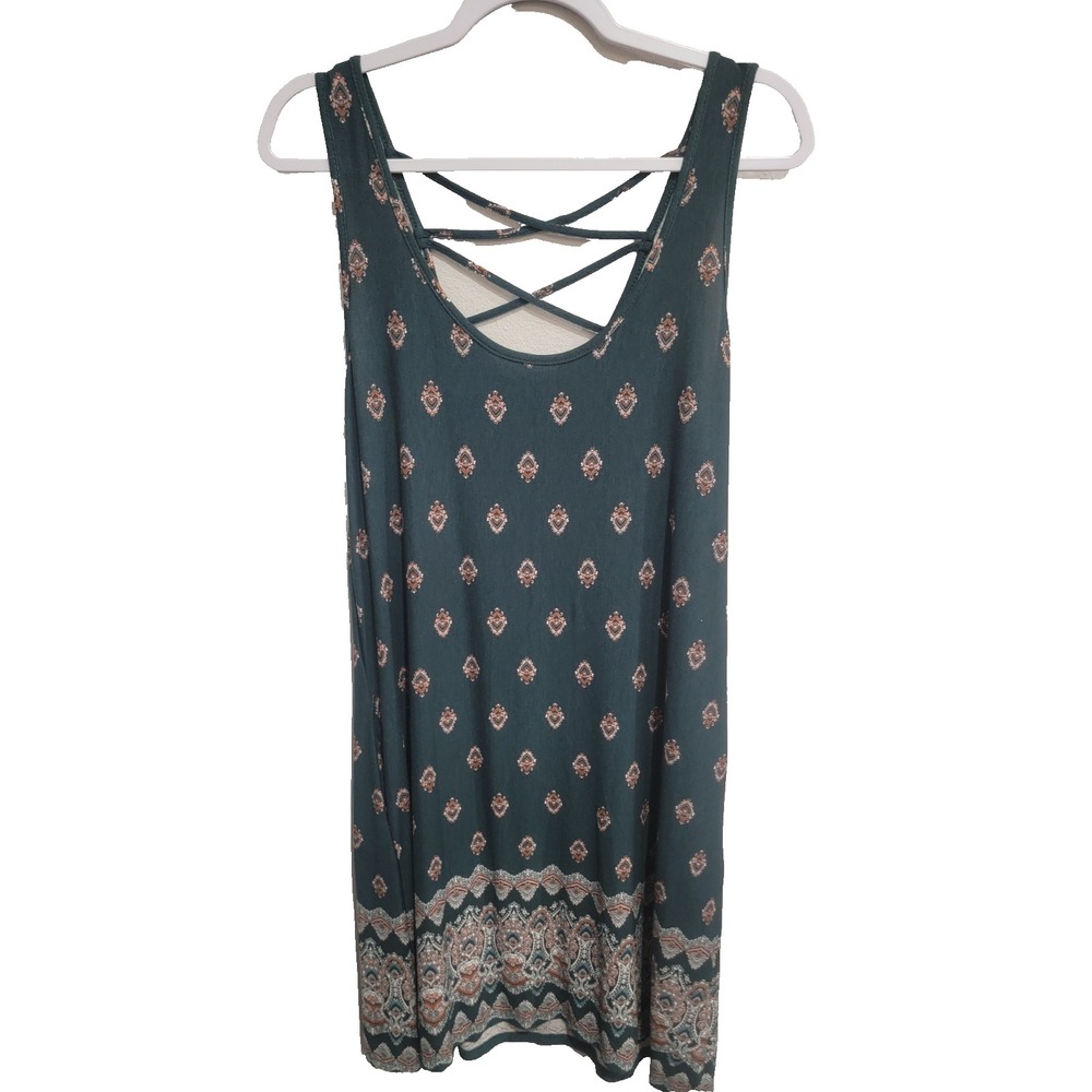 Nine Britton XL Dark Green Medallion Sleeveless Strappy Back Knit Boho Dress